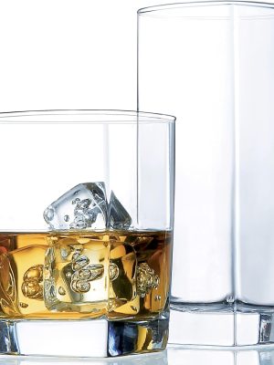 Everyday Drinking Glasses Set of 16 Drinkware Kitchen Glasses for Cocktail, Iced Coffee, Beer, Ice Tea, Wine, Whiskey, Water, 8 Tall Highball Glass Cups & 8 Short Old Fashioned