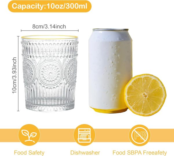 10 oz Vintage Drinking Glasses Set of 2, Gold Rim Textured Water Glasses Glassware Cups, Small Cute Tumbler for Coffee, Juice, Whisky, Beer, Cocktail, Retro Mixed Drinkware Sets