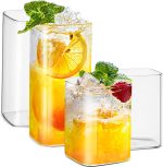 Drinking Glasses 8 oz Set of 2,Thin Square Glasses 13 oz Set of 2,Elegant Bar Glassware For Water,Juice,Beer, Drinks,and Cocktails and Mixed Drinks,Lead-Free Square Glass,Glass Drink Tumblers