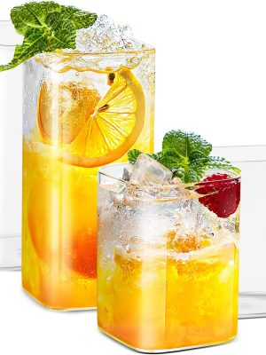 Drinking Glasses 8 oz Set of 2,Thin Square Glasses 13 oz Set of 2,Elegant Bar Glassware For Water,Juice,Beer, Drinks,and Cocktails and Mixed Drinks,Lead-Free Square Glass,Glass Drink Tumblers