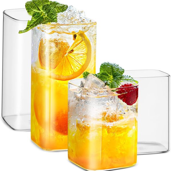 Drinking Glasses 8 oz Set of 2,Thin Square Glasses 13 oz Set of 2,Elegant Bar Glassware For Water,Juice,Beer, Drinks,and Cocktails and Mixed Drinks,Lead-Free Square Glass,Glass Drink Tumblers