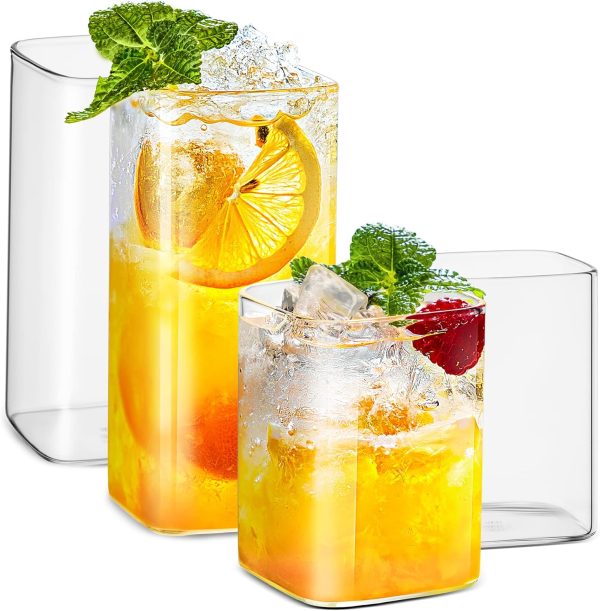 Drinking Glasses 8 oz Set of 2,Thin Square Glasses 13 oz Set of 2,Elegant Bar Glassware For Water,Juice,Beer, Drinks,and Cocktails and Mixed Drinks,Lead-Free Square Glass,Glass Drink Tumblers