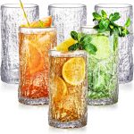 Set of 6 Textured Drinking Glasses, 12 oz Embossed Highball Water Glasses, Iced Tea Beverage Glass Thick Heavy Base, Vintage Glassware Sturdy Drinkware for Juice, Milk, Coffee, Dishwasher Safe