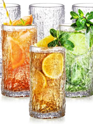 Set of 6 Textured Drinking Glasses, 12 oz Embossed Highball Water Glasses, Iced Tea Beverage Glass Thick Heavy Base, Vintage Glassware Sturdy Drinkware for Juice, Milk, Coffee, Dishwasher Safe