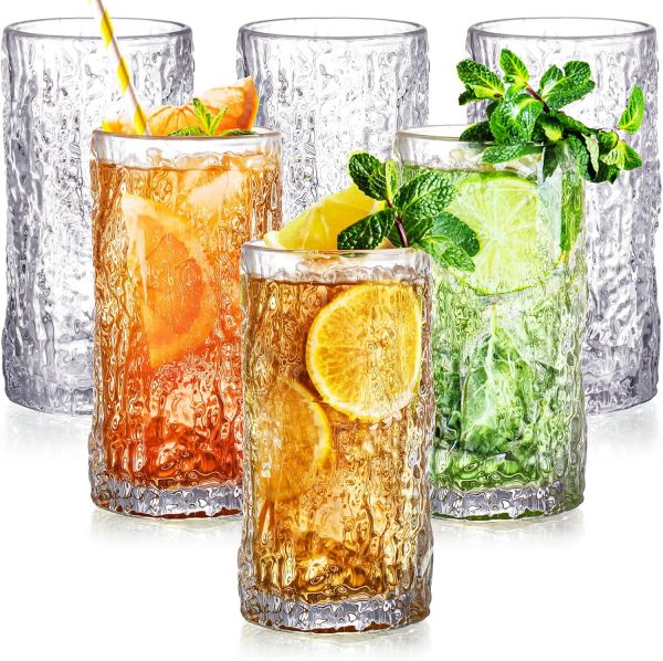 Set of 6 Textured Drinking Glasses, 12 oz Embossed Highball Water Glasses, Iced Tea Beverage Glass Thick Heavy Base, Vintage Glassware Sturdy Drinkware for Juice, Milk, Coffee, Dishwasher Safe
