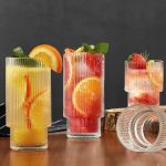 6 Pack Ribbed Drinking Glasses, 16 oz Vintage Glass Cups, Highball Glasses, Premium Iced Coffee Glasses, Clear Glass Tumbler, Cocktail Glasses, Elegant Glassware for Water Juice Whiskey Beer