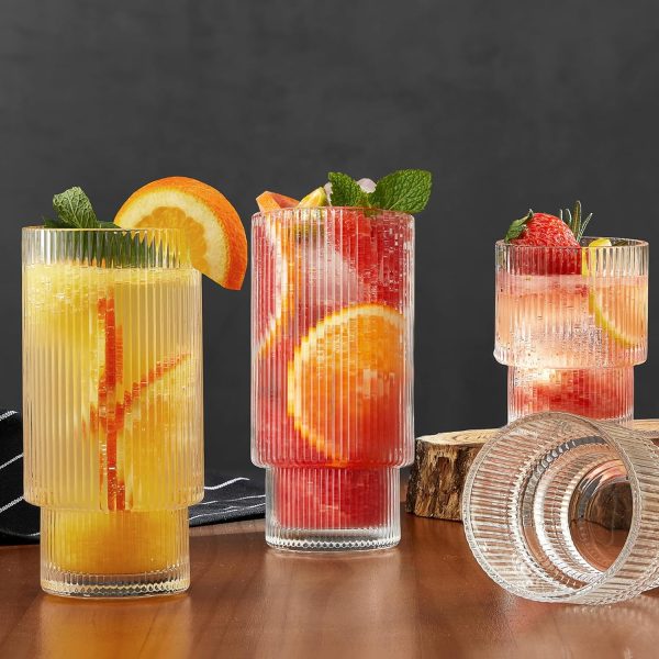 6 Pack Ribbed Drinking Glasses, 16 oz Vintage Glass Cups, Highball Glasses, Premium Iced Coffee Glasses, Clear Glass Tumbler, Cocktail Glasses, Elegant Glassware for Water Juice Whiskey Beer