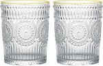 10 oz Vintage Drinking Glasses Set of 2, Gold Rim Textured Water Glasses Glassware Cups, Small Cute Tumbler for Coffee, Juice, Whisky, Beer, Cocktail, Retro Mixed Drinkware Sets