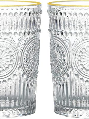 10 oz Vintage Drinking Glasses Set of 2, Gold Rim Textured Water Glasses Glassware Cups, Small Cute Tumbler for Coffee, Juice, Whisky, Beer, Cocktail, Retro Mixed Drinkware Sets