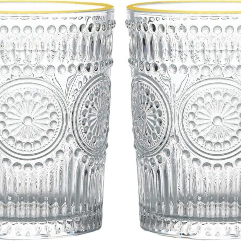 10 oz Vintage Drinking Glasses Set of 2, Gold Rim Textured Water Glasses Glassware Cups, Small Cute Tumbler for Coffee, Juice, Whisky, Beer, Cocktail, Retro Mixed Drinkware Sets