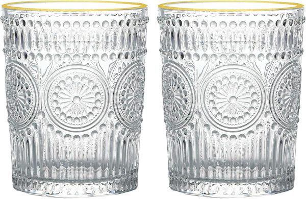 10 oz Vintage Drinking Glasses Set of 2, Gold Rim Textured Water Glasses Glassware Cups, Small Cute Tumbler for Coffee, Juice, Whisky, Beer, Cocktail, Retro Mixed Drinkware Sets