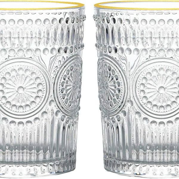 10 oz Vintage Drinking Glasses Set of 2, Gold Rim Textured Water Glasses Glassware Cups, Small Cute Tumbler for Coffee, Juice, Whisky, Beer, Cocktail, Retro Mixed Drinkware Sets