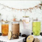 4 Pcs 16 oz Glasses Cups Set with Bamboo Lids Straws Brush  Glassware Set for Juice Iced Coffee Beer and Cocktail Whiskey