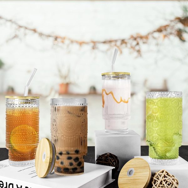 4 Pcs 16 oz Glasses Cups Set with Bamboo Lids Straws Brush  Glassware Set for Juice Iced Coffee Beer and Cocktail Whiskey