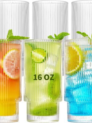 6 Pack Ribbed Drinking Glasses, 16 oz Vintage Glass Cups, Highball Glasses, Premium Iced Coffee Glasses, Clear Glass Tumbler, Cocktail Glasses, Elegant Glassware for Water Juice Whiskey Beer