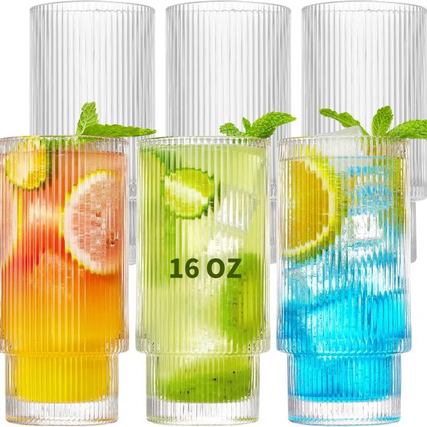 6 Pack Ribbed Drinking Glasses, 16 oz Vintage Glass Cups, Highball Glasses, Premium Iced Coffee Glasses, Clear Glass Tumbler, Cocktail Glasses, Elegant Glassware for Water Juice Whiskey Beer