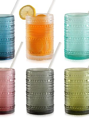 15oz Colored Hobnail Drinking Glasses Set of 6,Vintage Kitchen Glassware,Embossed Beaded Glass Cups,Water Tumbler for Cocktail,Juice and Vaus Mixed Drinks
