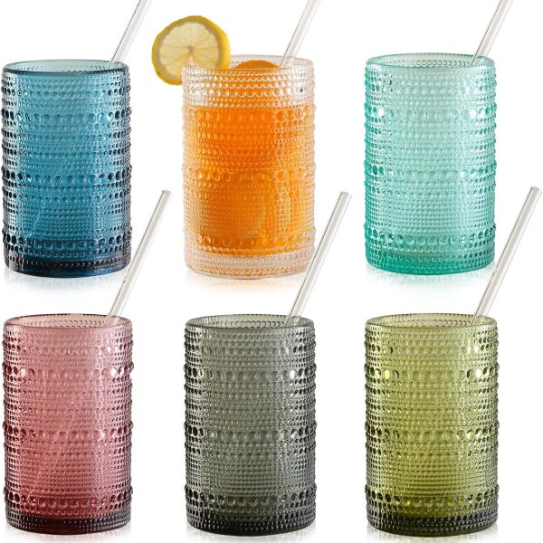 15oz Colored Hobnail Drinking Glasses Set of 6,Vintage Kitchen Glassware,Embossed Beaded Glass Cups,Water Tumbler for Cocktail,Juice and Vaus Mixed Drinks