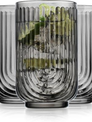 Vintage Glassware Art Deco Highball Glasses Set of 4 Smoke Ribbed Drinking Glasses 17 Oz Black U-Shape Arch Design Colored Cocktail Kitchen Tumblers