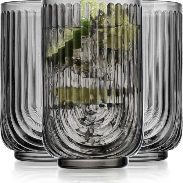 Vintage Glassware Art Deco Highball Glasses Set of 4 Smoke Ribbed Drinking Glasses 17 Oz Black U-Shape Arch Design Colored Cocktail Kitchen Tumblers