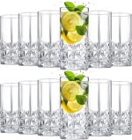 Set of 12 Tall Highball Glasses 12 oz Crystal Drinking Glasses Clear Fancy Cups Vintage Textured Designer Glassware for Cocktail Tea Water Beer Soda Beverages, Dishwasher Safe(Stylish Style)
