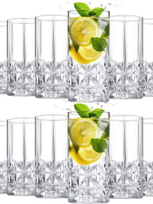 Set of 12 Tall Highball Glasses 12 oz Crystal Drinking Glasses Clear Fancy Cups Vintage Textured Designer Glassware for Cocktail Tea Water Beer Soda Beverages, Dishwasher Safe(Stylish Style)