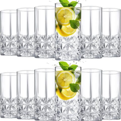 Set of 12 Tall Highball Glasses 12 oz Crystal Drinking Glasses Clear Fancy Cups Vintage Textured Designer Glassware for Cocktail Tea Water Beer Soda Beverages, Dishwasher Safe(Stylish Style)