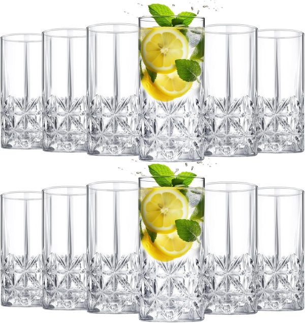 Set of 12 Tall Highball Glasses 12 oz Crystal Drinking Glasses Clear Fancy Cups Vintage Textured Designer Glassware for Cocktail Tea Water Beer Soda Beverages, Dishwasher Safe(Stylish Style)