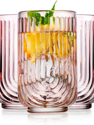Vintage Glassware Art Deco Highball Glasses Set of 4 Blush Ribbed Drinking Glasses 17 Oz U-Shape Arch Design Colored Cocktail Kitchen Tumblers Everyday Dinner Decorative Party, Pink