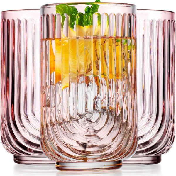 Vintage Glassware Art Deco Highball Glasses Set of 4 Blush Ribbed Drinking Glasses 17 Oz U-Shape Arch Design Colored Cocktail Kitchen Tumblers Everyday Dinner Decorative Party, Pink