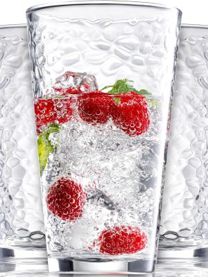 Set of 10 Hammered Glass Cups, 16oz. Dishwasher Safe Cocktail Drinking Glasses - Clear Heavy Base Stemmed Water Glasses, Tall Beer Glasses, Bar Glass, Juice, Iced Tea, Margarita, & Everyday Drinks.