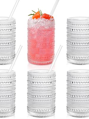 Hobnail Drinking Glasses with Straws 15oz Vintage Glassware Set of 6 Embossed Vintage Water Cups, Highball Glasses for Cocktail,Whiskey,Beer and Juic