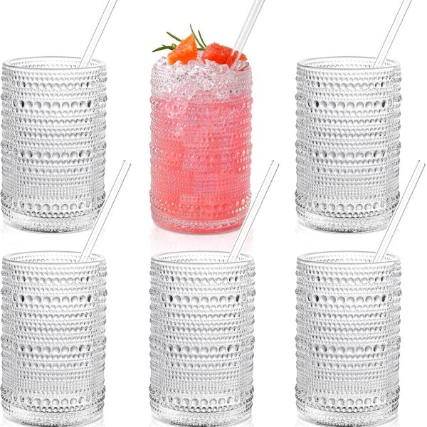 Hobnail Drinking Glasses with Straws 15oz Vintage Glassware Set of 6 Embossed Vintage Water Cups, Highball Glasses for Cocktail,Whiskey,Beer and Juic