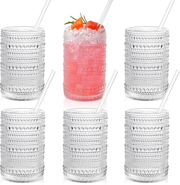 Hobnail Drinking Glasses with Straws 15oz Vintage Glassware Set of 6 Embossed Vintage Water Cups, Highball Glasses for Cocktail,Whiskey,Beer and Juic