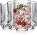 Drinking Glasses Set of 4. 17oz Vintage Ripple Cocktail Glasses, Ribbed Highball Glass Cups. Arch Designed Art Deco Glassware for Water Juice Coffee.
