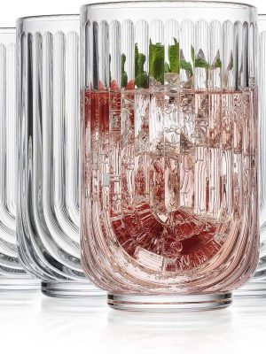 Drinking Glasses Set of 4. 17oz Vintage Ripple Cocktail Glasses, Ribbed Highball Glass Cups. Arch Designed Art Deco Glassware for Water Juice Coffee.