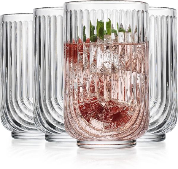 Drinking Glasses Set of 4. 17oz Vintage Ripple Cocktail Glasses, Ribbed Highball Glass Cups. Arch Designed Art Deco Glassware for Water Juice Coffee.