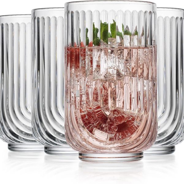 Drinking Glasses Set of 4. 17oz Vintage Ripple Cocktail Glasses, Ribbed Highball Glass Cups. Arch Designed Art Deco Glassware for Water Juice Coffee.