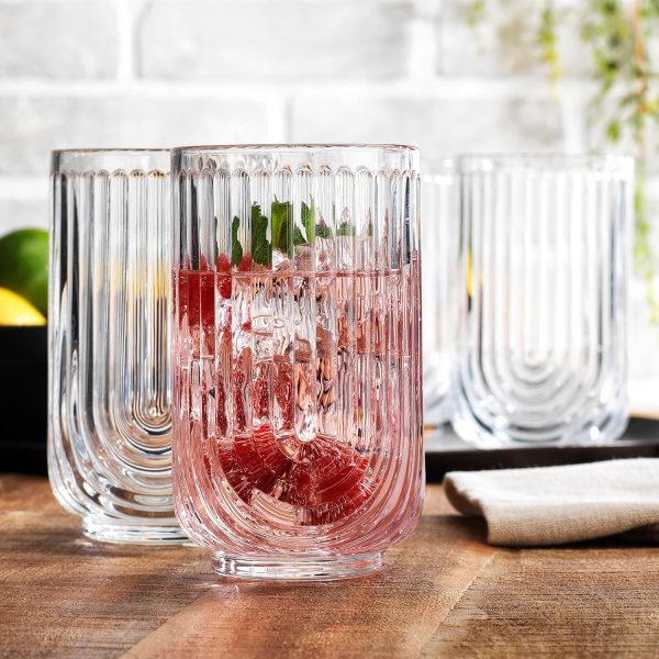 Drinking Glasses Set of 4. 17oz Vintage Ripple Cocktail Glasses, Ribbed Highball Glass Cups. Arch Designed Art Deco Glassware for Water Juice Coffee.