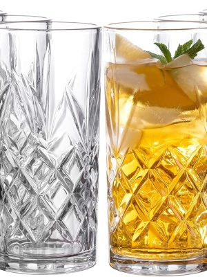 Tall Highball Glasses Set of 8, 12 Ounce Cups, Textured Designer Glassware for Drinking Water, Beer, or Soda, Trendy and Elegant Dishware, Dishwasher Safe ()