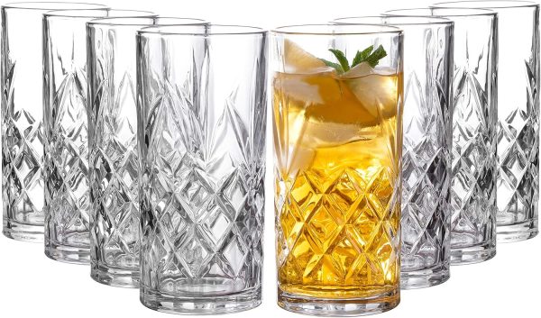 Tall Highball Glasses Set of 8, 12 Ounce Cups, Textured Designer Glassware for Drinking Water, Beer, or Soda, Trendy and Elegant Dishware, Dishwasher Safe ()