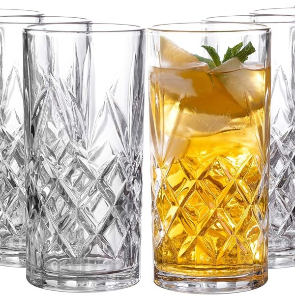 Tall Highball Glasses Set of 8, 12 Ounce Cups, Textured Designer Glassware for Drinking Water, Beer, or Soda, Trendy and Elegant Dishware, Dishwasher Safe ()