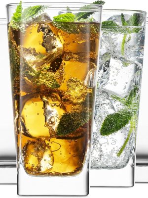 Highball Glasses 16 Oz. Set of 4 Tall Square Glass Cups Premium Quality Beverage Cooler Glassware. Uses for Bar Glasses, Water, Juice, and Cocktails.