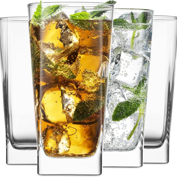 Highball Glasses 16 Oz. Set of 4 Tall Square Glass Cups Premium Quality Beverage Cooler Glassware. Uses for Bar Glasses, Water, Juice, and Cocktails.