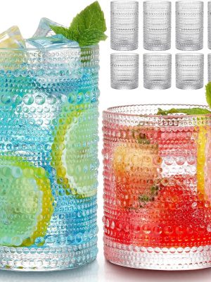 Vintage Hobnail Drinking Glasses Set of 8, 12 oz Highball Glasses & 10 oz Cocktail Glasses Set, Kitchen Water Glasses Cup, Bar Tumbler Glassware Set for Beer, Juice, Cocktail, Whiskey, Milk