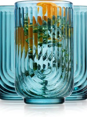 Vintage Glassware Art Deco Highball Glasses Set of 4 Blush Ribbed Drinking Glasses 17 Oz U-Shape Arch Design Colored Cocktail Kitchen Tumblers Everyday Dinner Decorative Party, Blue