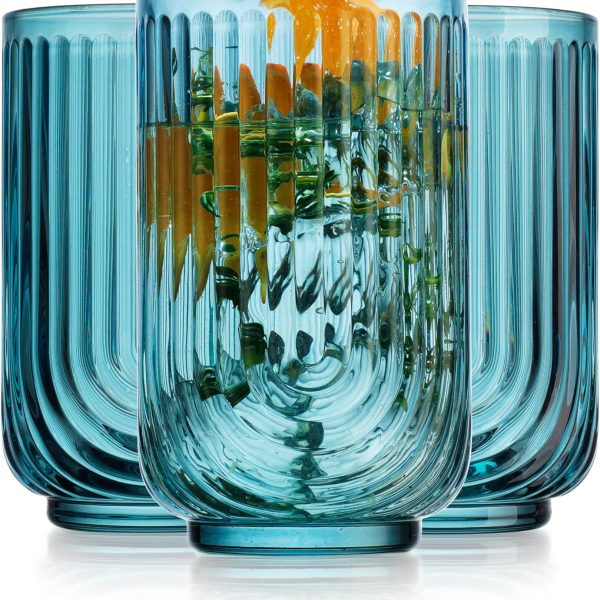 Vintage Glassware Art Deco Highball Glasses Set of 4 Blush Ribbed Drinking Glasses 17 Oz U-Shape Arch Design Colored Cocktail Kitchen Tumblers Everyday Dinner Decorative Party, Blue