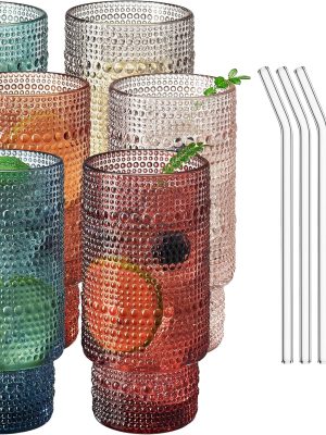 Colored Vintage Art Deco Glasses - Martini, Margarita, Cocktail & Champagne Ribbed Glasses | Set of 6 | Cute Pastel Crystal Cocktails Glassware, Stemmed Glassware Gift - Tumblers & Straws