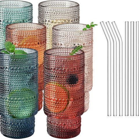 Colored Vintage Art Deco Glasses - Martini, Margarita, Cocktail & Champagne Ribbed Glasses | Set of 6 | Cute Pastel Crystal Cocktails Glassware, Stemmed Glassware Gift - Tumblers & Straws