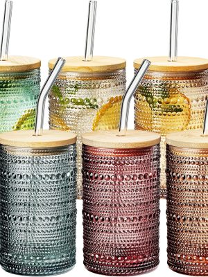 Vintage Art Deco Colorful Highball Beaded Glasses - Comes with 6X Glass Straws & Wooden Lid - Muted Embossed Cocktail, 6 Set - Gift-Ready Highballs - Unique Colored Glassware Home Bar & Kitchen Gift
